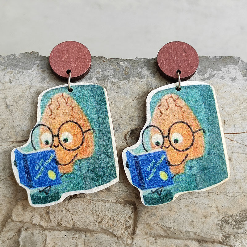 Cute Egg Reading Books Wooden Earrings