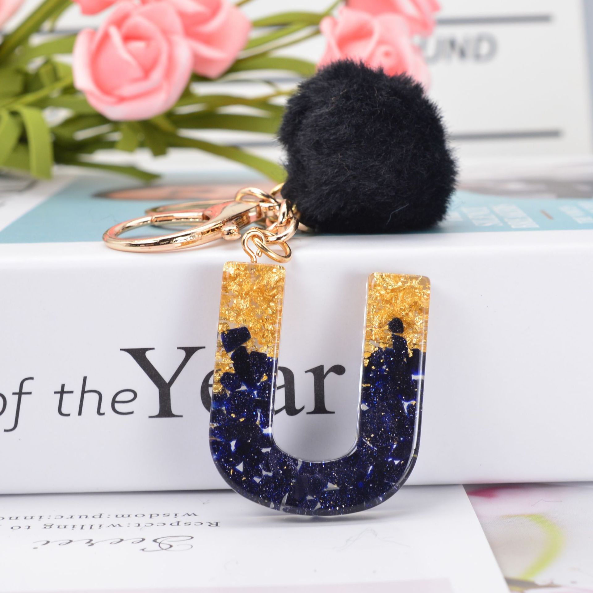 Black Crystal Drop Glue 26 Letter Keychain