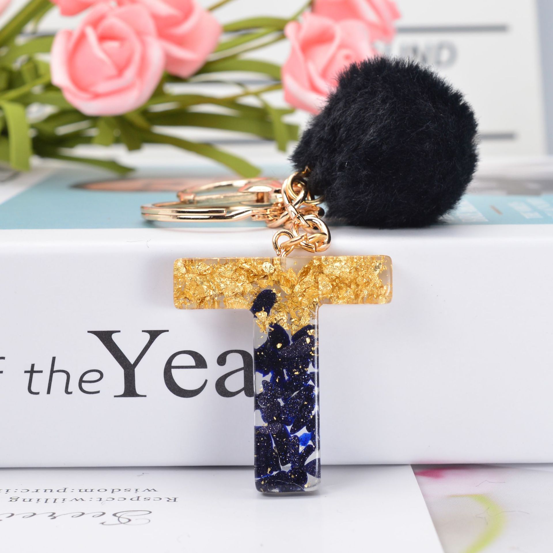 Black Crystal Drop Glue 26 Letter Keychain