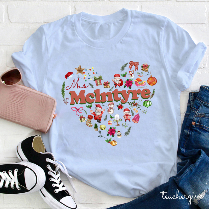 Personalized Christmas Love Heart Teacher T-Shirt