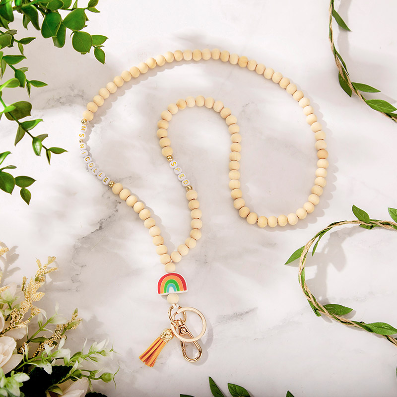 Personalized Colorful Rainbow Wooden Bead String Teacher Lanyard