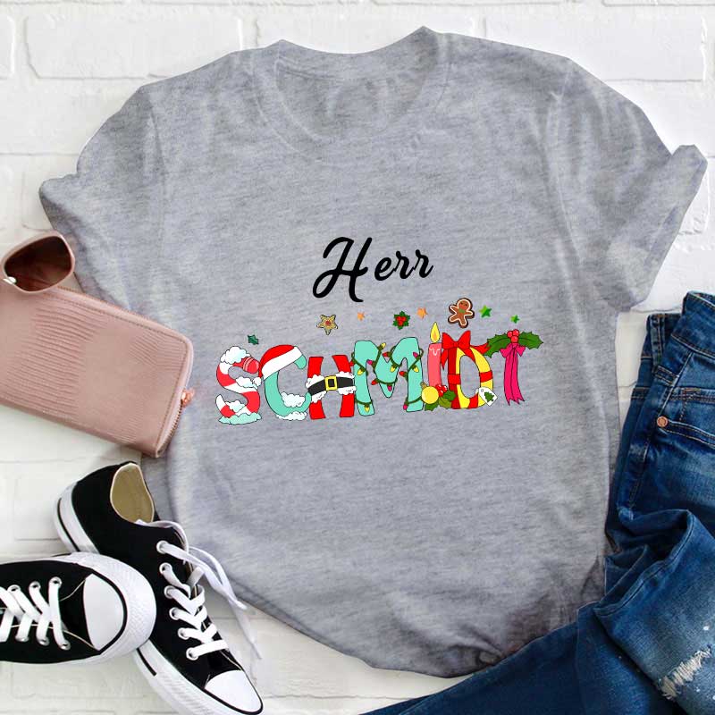 Weihnachten Personalisiertes Name Lehrer T-Shirt