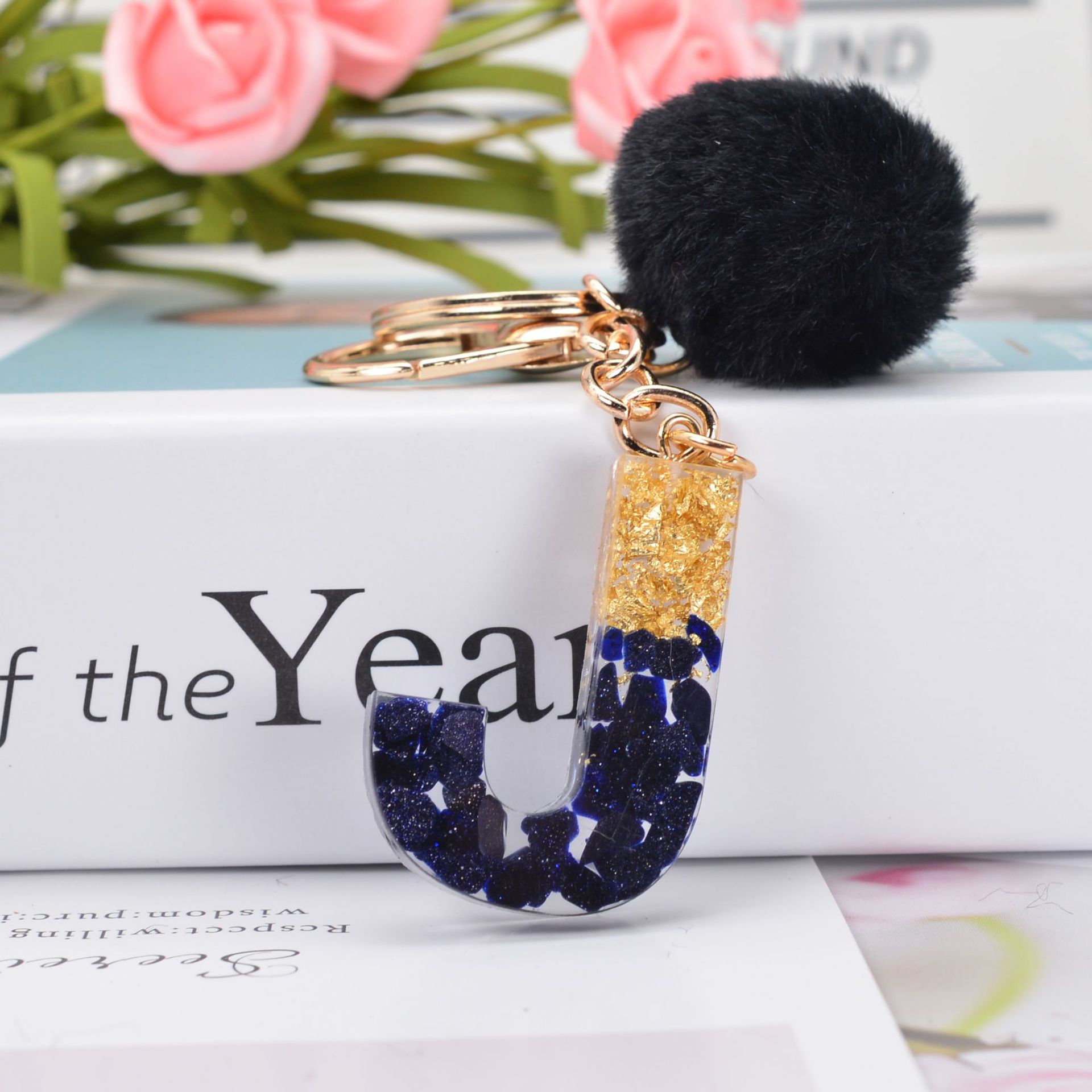 Black Crystal Drop Glue 26 Letter Keychain