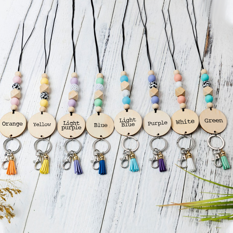 Personalized Wooden Chips And Colorful Beaded Teacher Lanyard