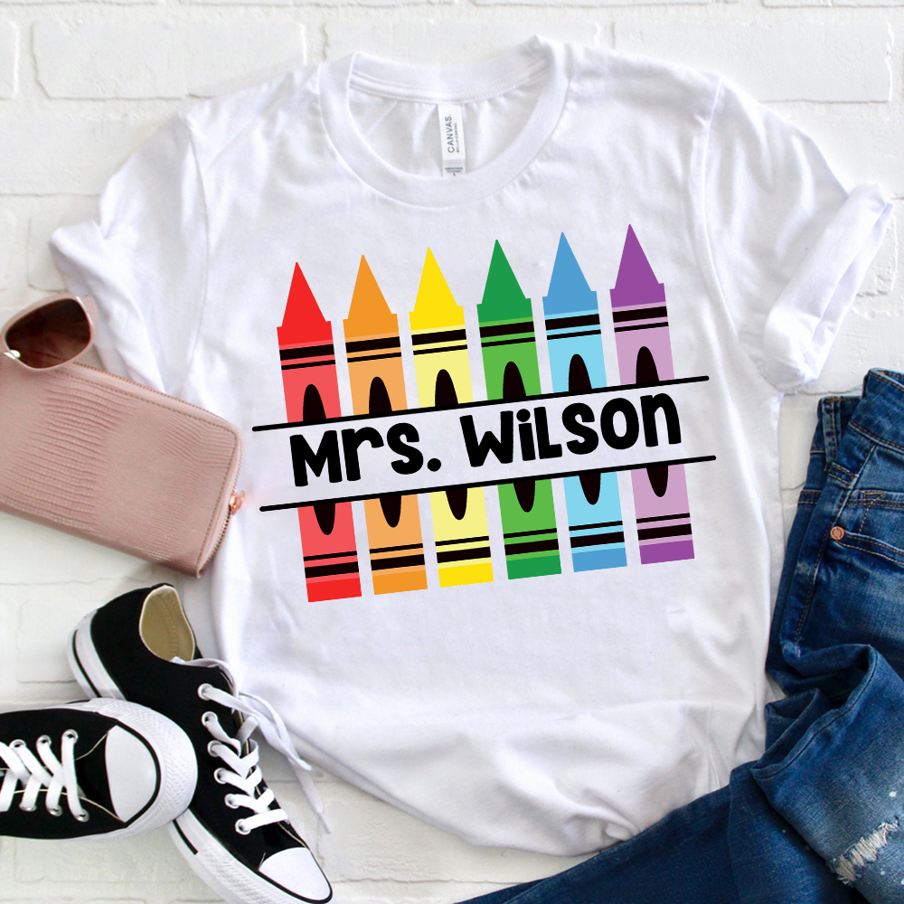 Personalized Pencil Crayon Teacher Name T-Shirt