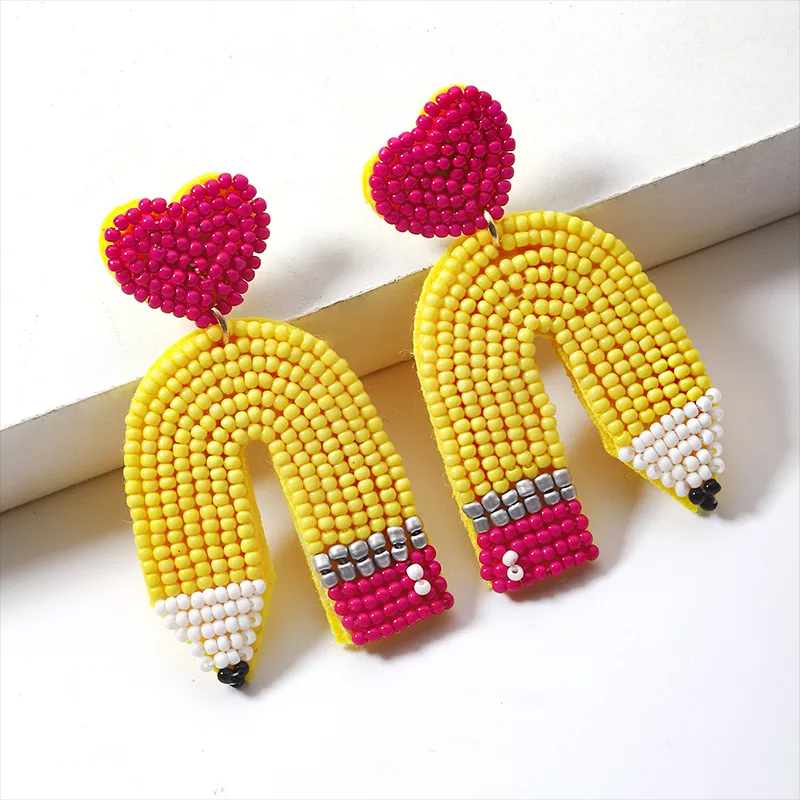 Bent Pencil Teacher Beaded Earrings