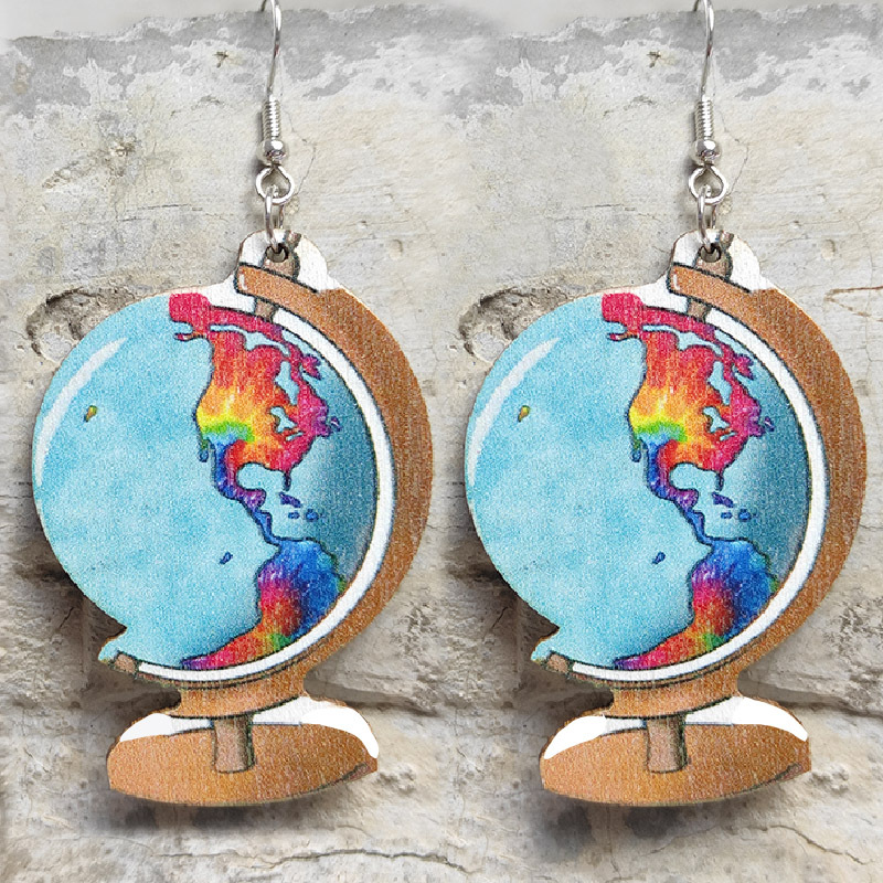 Retro Texture Globe Teacher Wooden Earrings