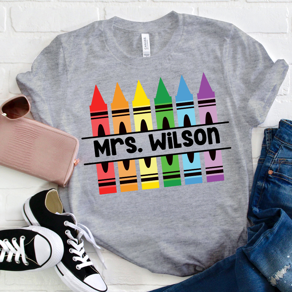 Personalized Pencil Crayon Teacher Name T-Shirt