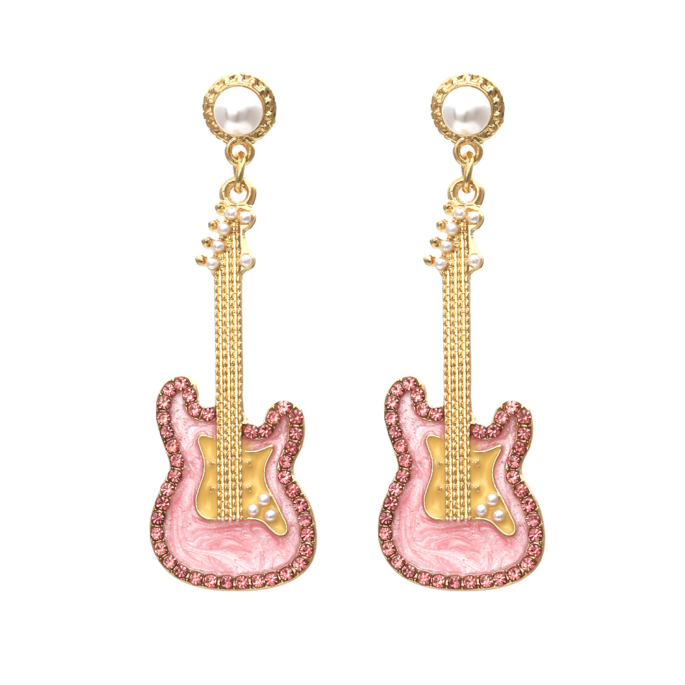 Pink Rhinestone Guitar   Metal Earrings
