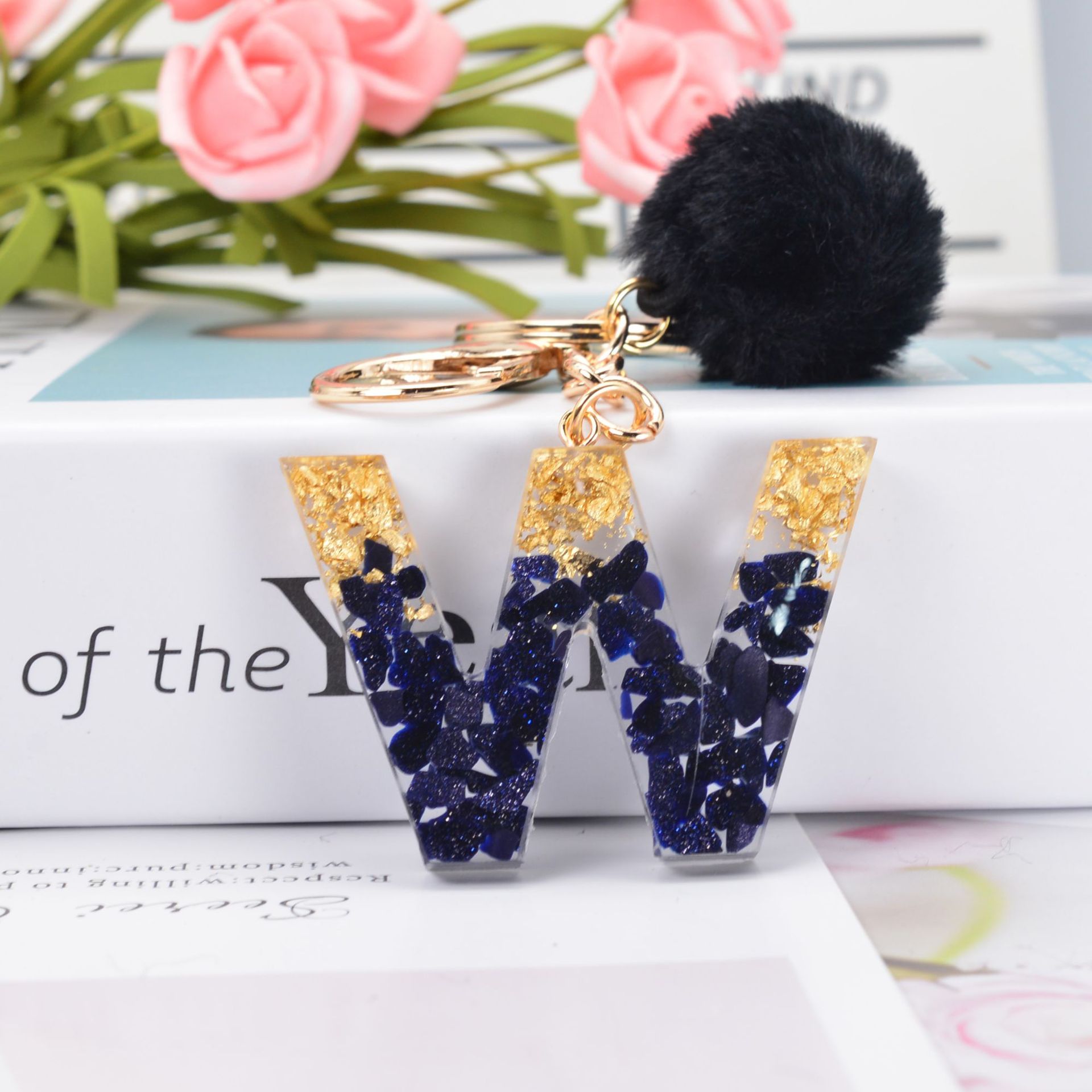 Black Crystal Drop Glue 26 Letter Keychain