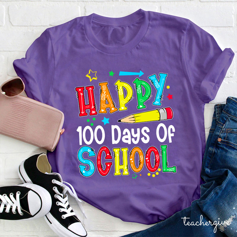 Pencil Happy 100 Days Of School Starry Teacher T-Shirt
