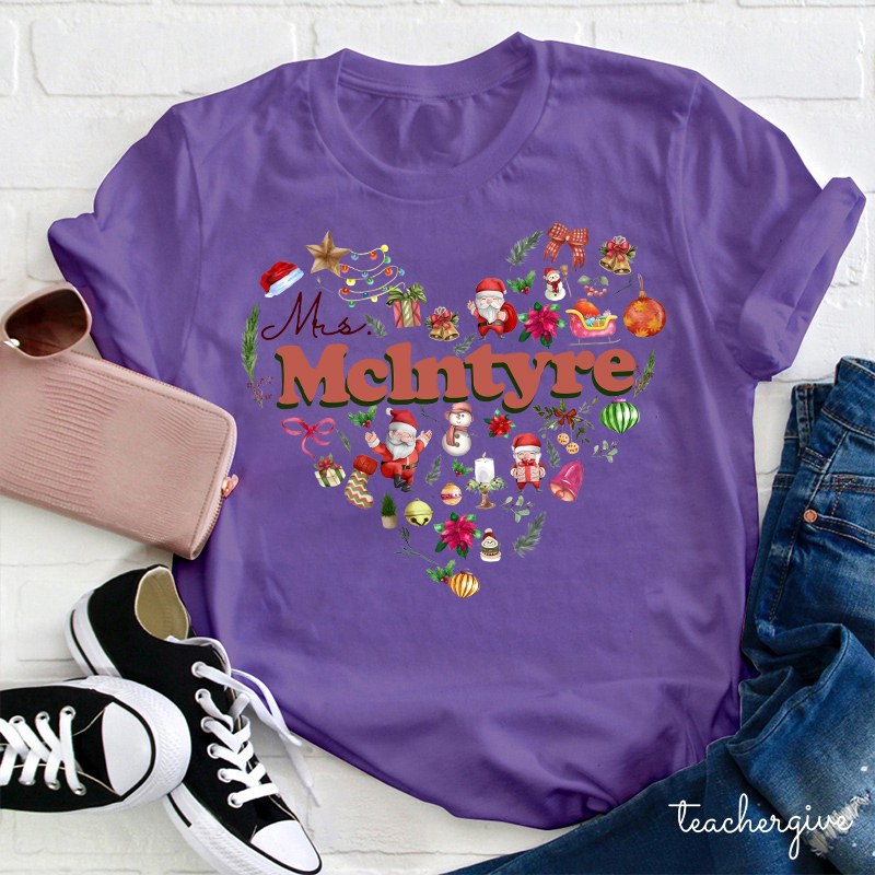 Personalized Christmas Love Heart Teacher T-Shirt