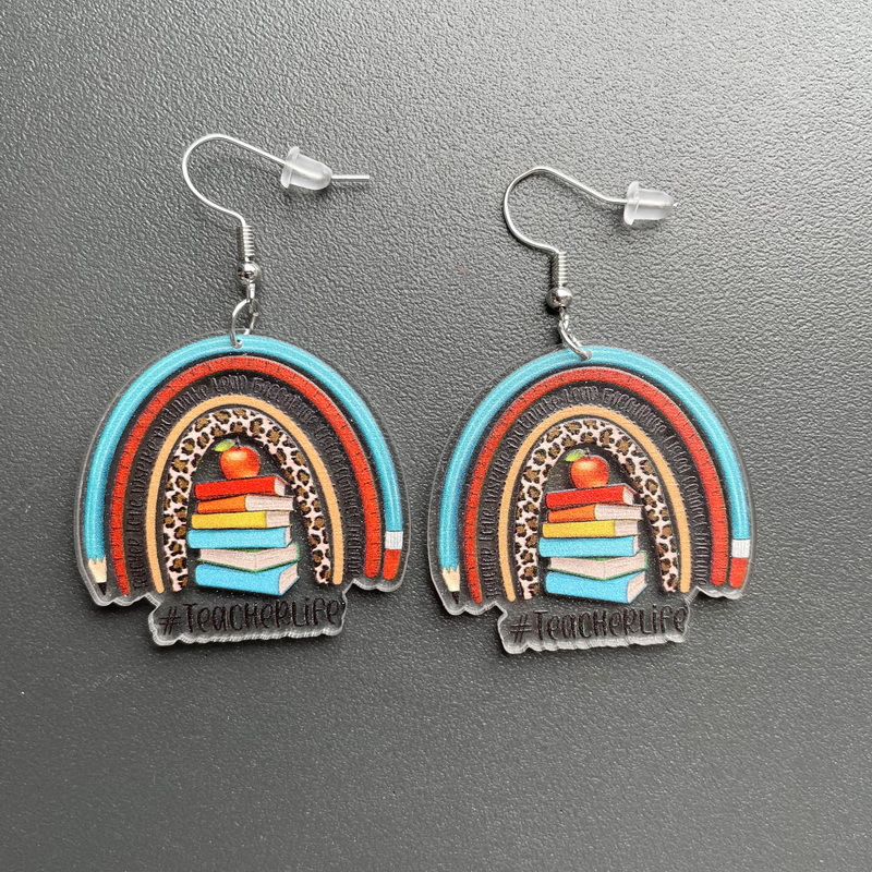 Blue Pencil Apple Books Leopard  Acrylic  Earrings