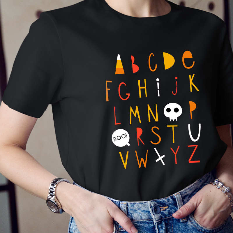 Cartoon Halloween Vibes Alphabet Teacher T-Shirt