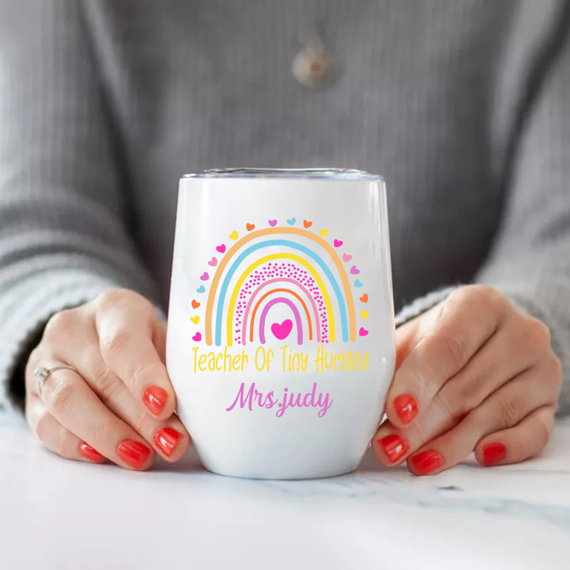 Personalized Teacher Of Tiny Humans Rainbow  Wine Tumbler
