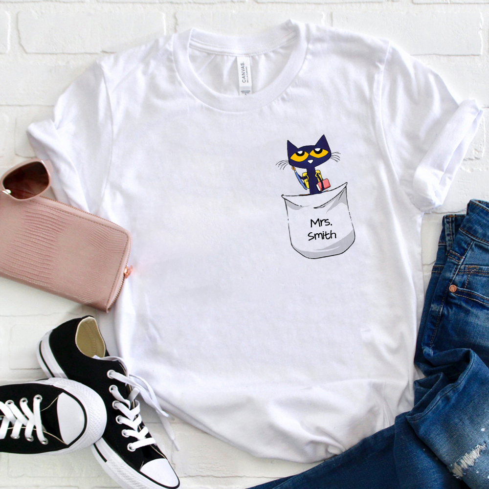 Personalized Pencil Cat Fake Pocket T-Shirt