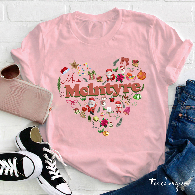 Personalized Christmas Love Heart Teacher T-Shirt