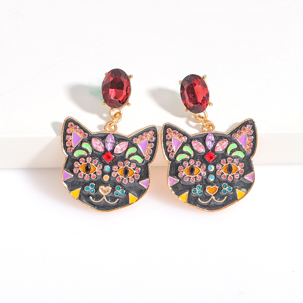 Multicolor Rhinestone Shining Cats Metal Earrings