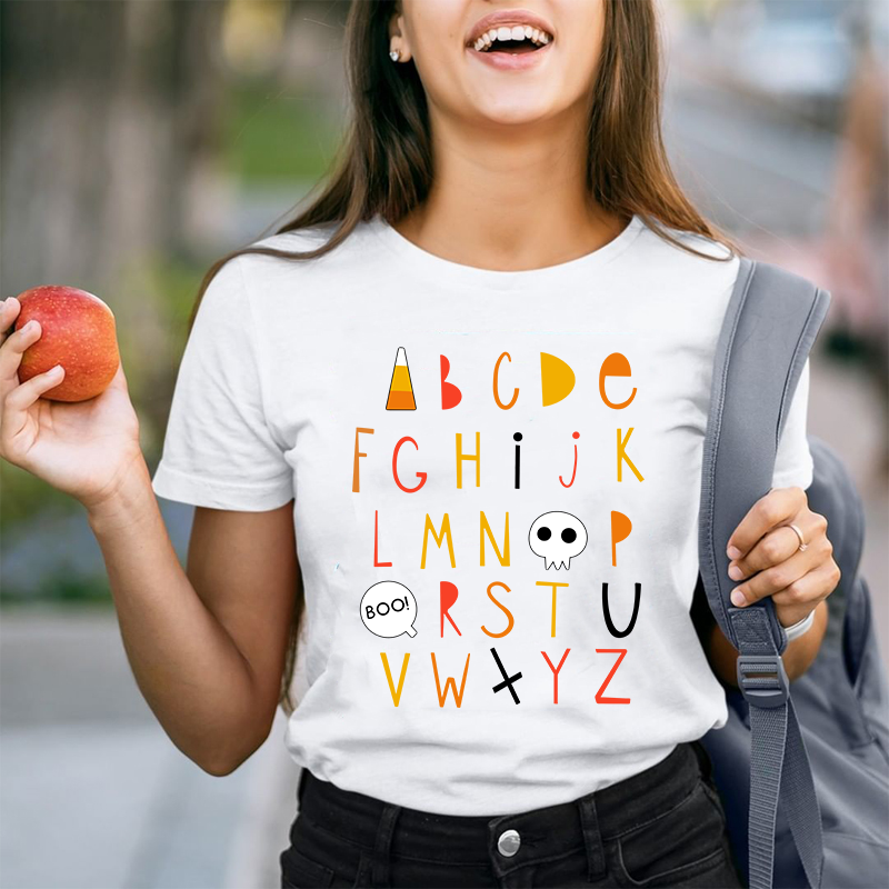 Cartoon Halloween Vibes Alphabet Teacher T-Shirt