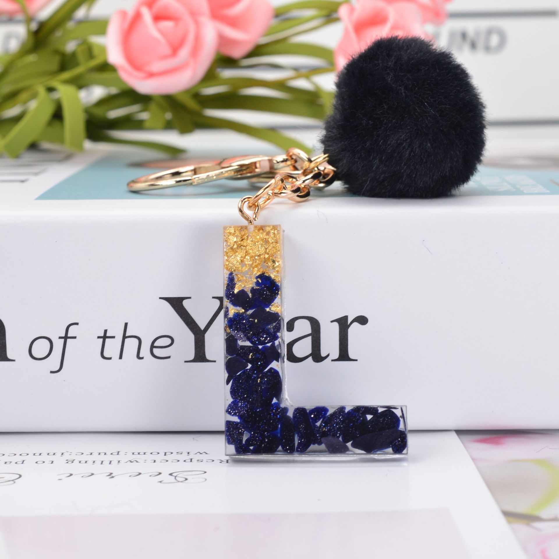 Black Crystal Drop Glue 26 Letter Keychain