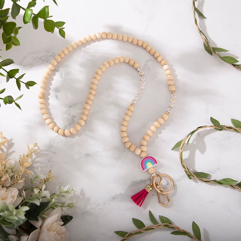 Personalized Colorful Rainbow Wooden Bead String Teacher Lanyard