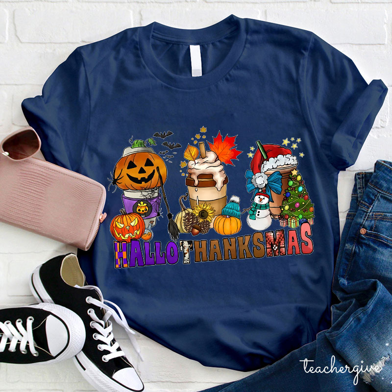 Hallothanksmas Pumpkin Spice Latte Teacher T-Shirt