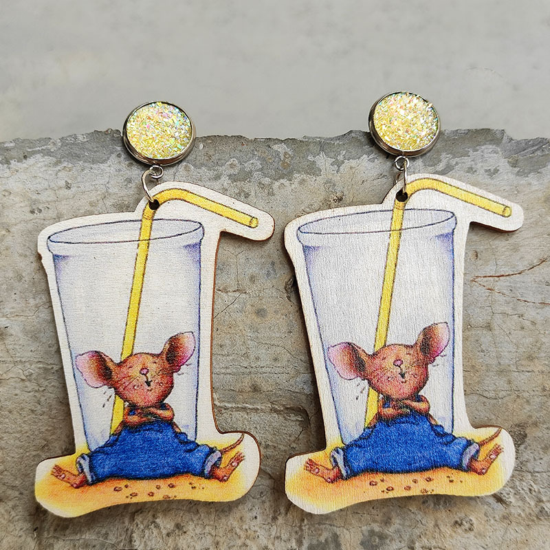 Cute Rat Drinking Wooden Earrings