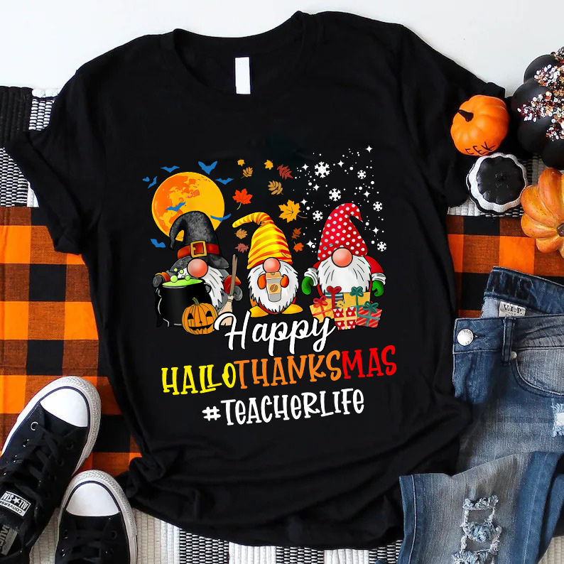 Happy Hallothanksmas Teacher's Busy Life Teacher T-Shirt