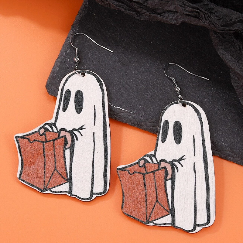 Ghosts Holding Bags Wooden Earrings