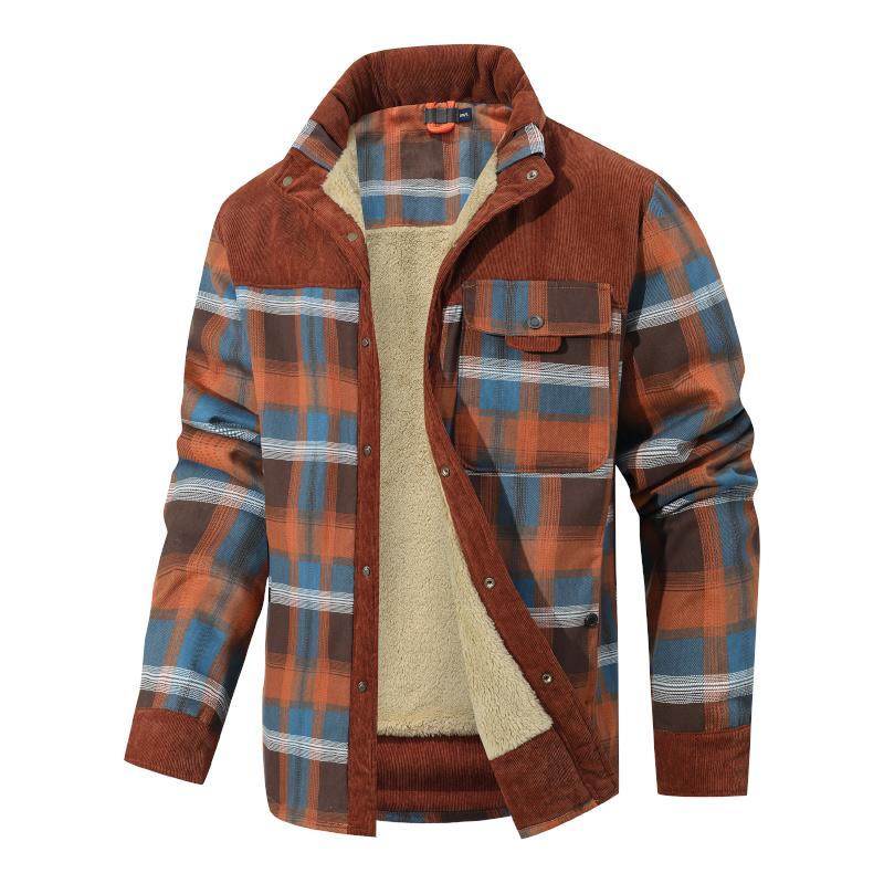 Men's Corduroy Plaid Sherpa Lined Flannel Shirt Jacket Fleece Coat