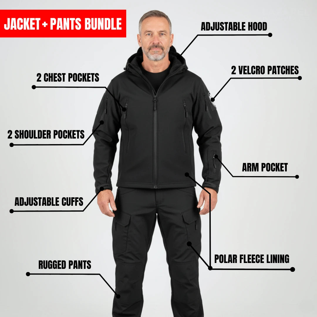 Black jacket and pants bundle with features highlighted on a gray background