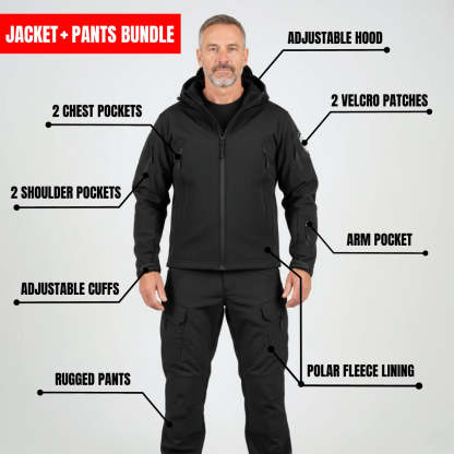 Black jacket and pants bundle with features highlighted on a gray background