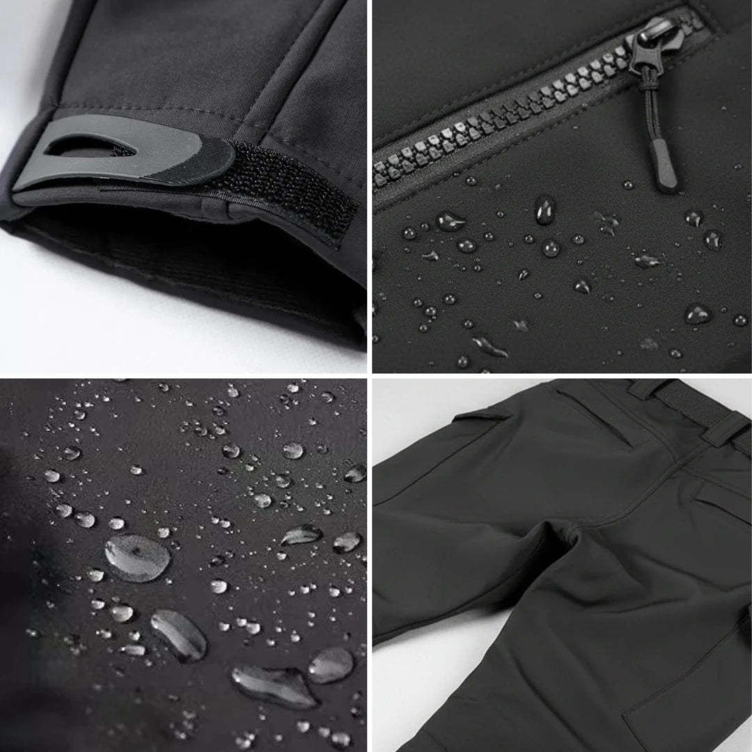 Collage of black jacket details including zipper, fabric texture, and water droplets.