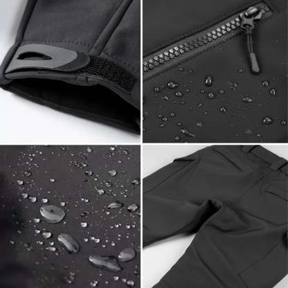 Collage of black jacket details including zipper, fabric texture, and water droplets.