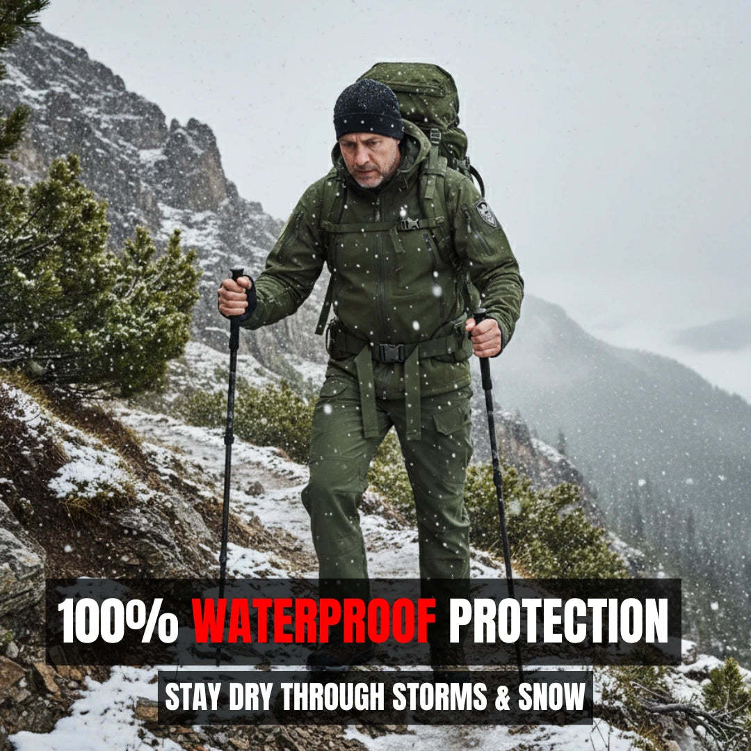 Person in green hiking gear with backpack on a snowy mountain, emphasizing waterproof protection.