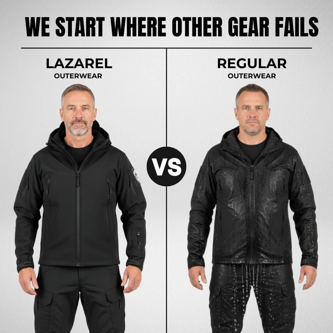 Comparison of Lazarel outerwear and regular outerwear with a man wearing each on a gray background.