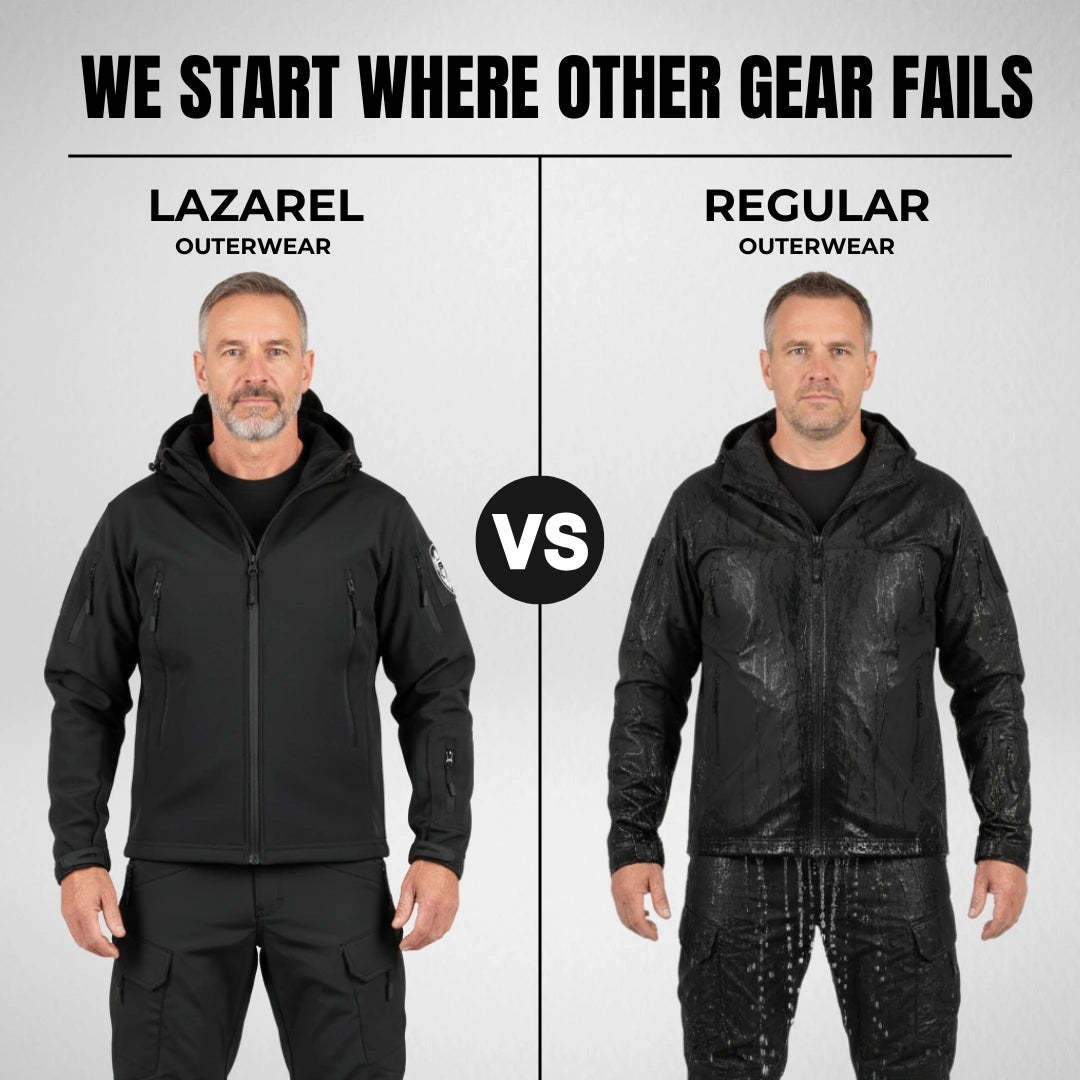 Comparison of Lazarel outerwear and regular outerwear with a man wearing each on a gray background.