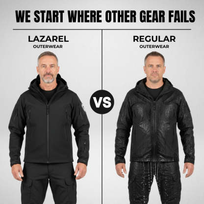 Comparison of Lazarel outerwear and regular outerwear with a man wearing each on a gray background.