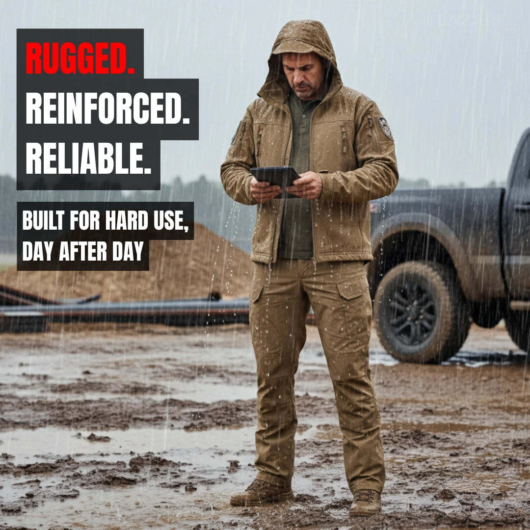 Man in a brown work suit standing in rain with text about ruggedness and reliability.