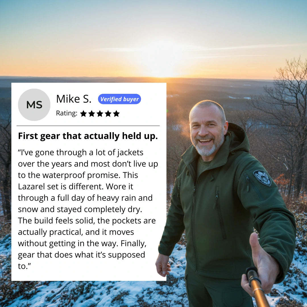 Man in green jacket outdoors with review text overlay