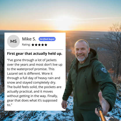 Man in green jacket outdoors with review text overlay