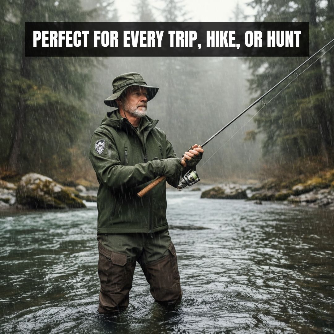 Man fishing in a forest stream with text 'Perfect for every trip, hike, or hunt'.