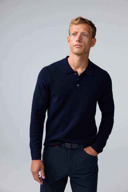 Front view of man wearing Tech Merino Sweater Polo in Total Eclipse