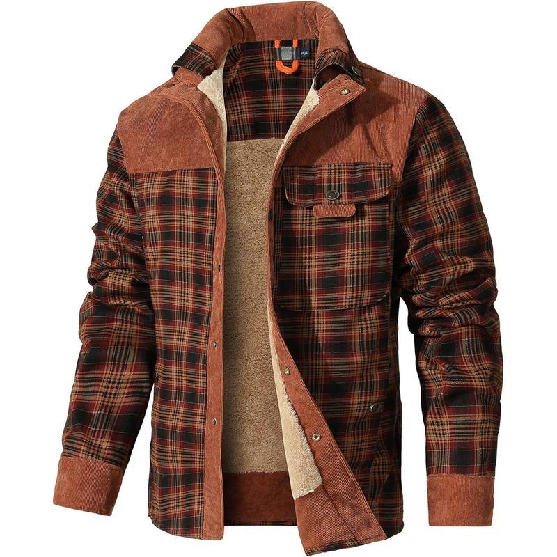 Men's Corduroy Plaid Sherpa Lined Flannel Shirt Jacket Fleece Coat