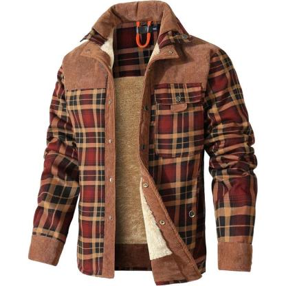 Men's Corduroy Plaid Sherpa Lined Flannel Shirt Jacket Fleece Coat