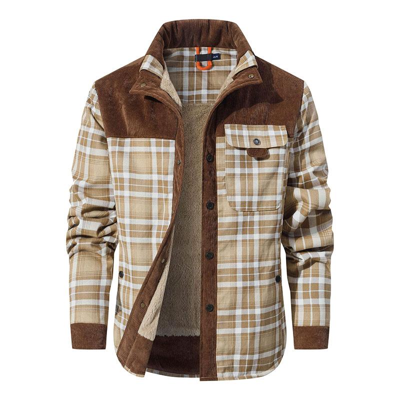 Men's Corduroy Plaid Sherpa Lined Flannel Shirt Jacket Fleece Coat