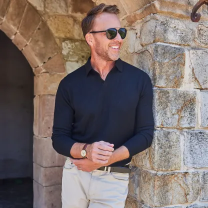 Bellagio Buttonless Long Sleeve Merino Polo Grey