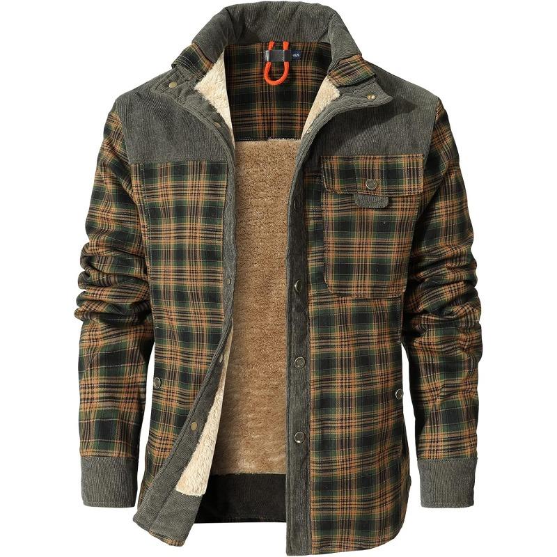 Men's Corduroy Plaid Sherpa Lined Flannel Shirt Jacket Fleece Coat