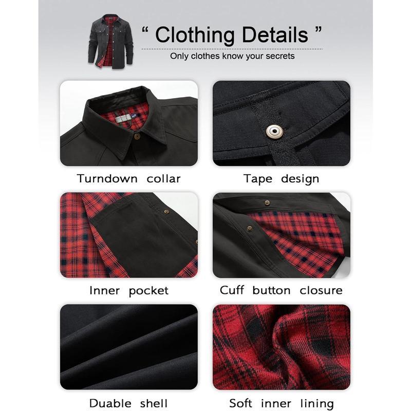 Men's Flannel Lined Shacket Jacket Plaid Brushed Lining Cowboy Western Twill Outdoor Shirt Jacket