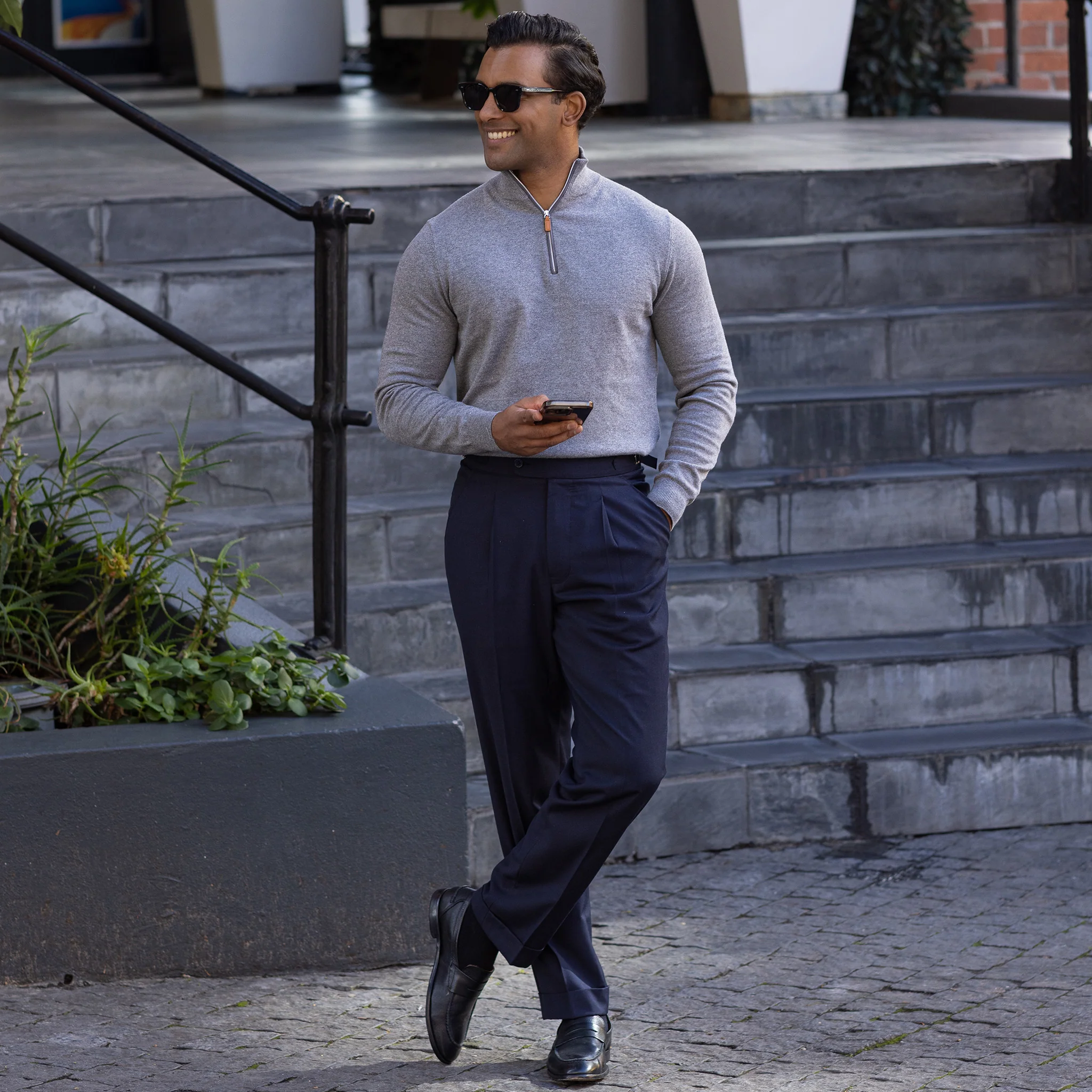 Cream with Brown Suede Trim Luxury Touch Cotton and Cashmere Quarter Zip Sweater